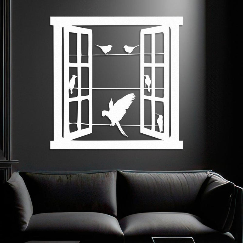 Open Window Design with Birds Silhouette Metal Wall Art