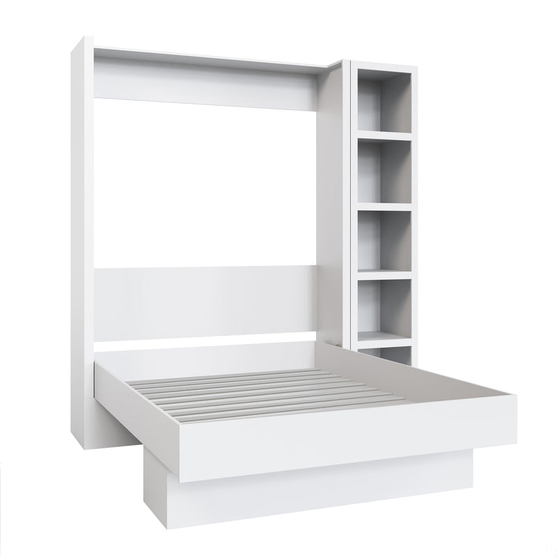 Easy-Lift Full Murphy Wall Bed in White with Bookshelf
