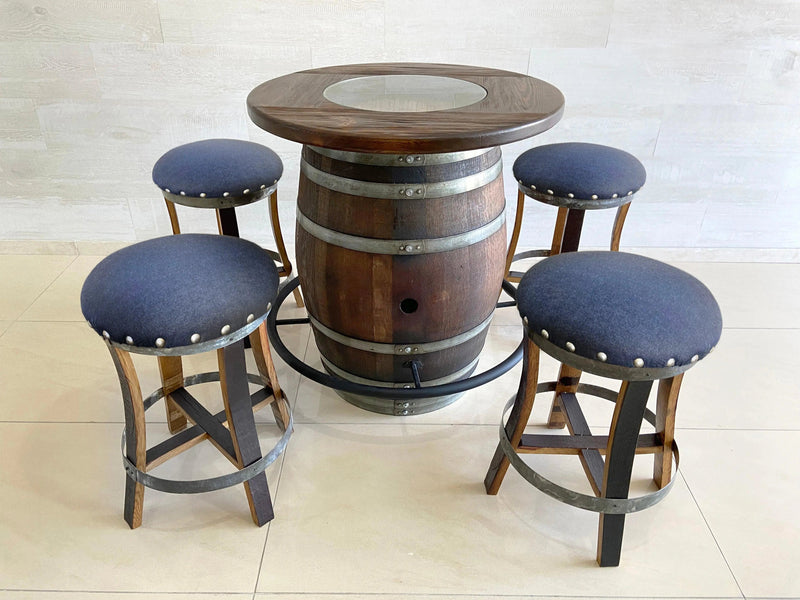 Oak Wine Barrel Whiskey Bistro Pub Table Set, Footrail, Bar Stools, Home Bar, Man Cave, Whiskey Bistro, Wine Bistro, Barrel Bar, Glass Top