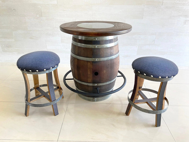 Oak Wine Barrel Whiskey Bistro Pub Table Set, Footrail, Bar Stools, Home Bar, Man Cave, Whiskey Bistro, Wine Bistro, Barrel Bar, Glass Top