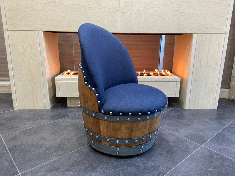 Dark Navy Blue Oak Barrel Chair, Handmade Wine and Whiskey Barrel Chair, Hidden Storage, Memory Foam Upholstery, Movable On Casters