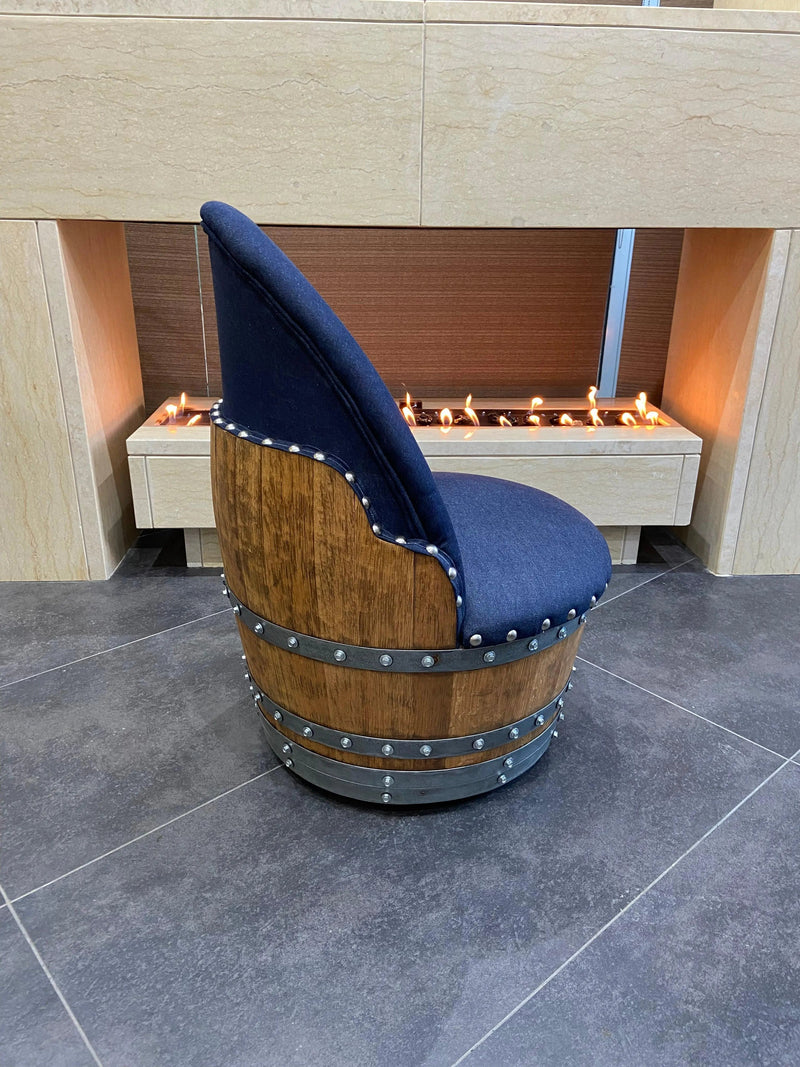 Dark Navy Blue Oak Barrel Chair, Handmade Wine and Whiskey Barrel Chair, Hidden Storage, Memory Foam Upholstery, Movable On Casters