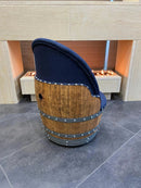 Whiskey & Wine Barrel Armchair with Hidden Safe — Memory Foam, Dark Navy Blue Upholstery