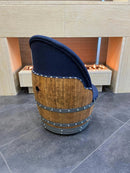 Whiskey & Wine Barrel Armchair with Hidden Safe — Memory Foam, Dark Navy Blue Upholstery