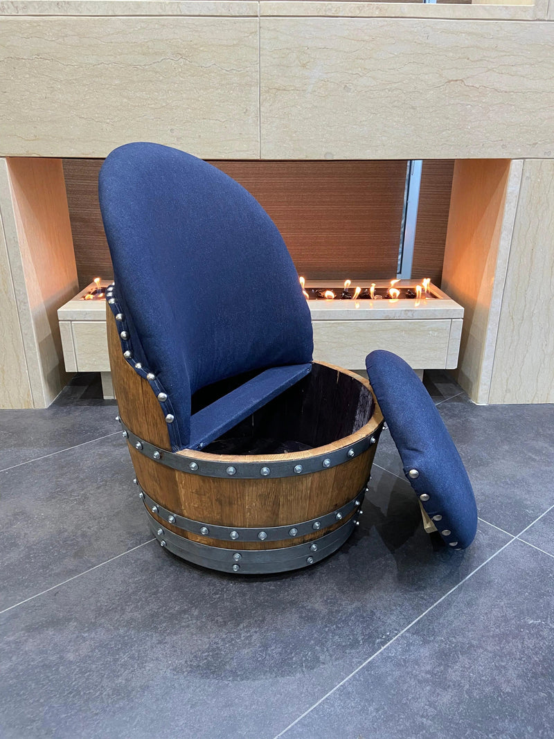 Dark Navy Blue Oak Barrel Chair, Handmade Wine and Whiskey Barrel Chair, Hidden Storage, Memory Foam Upholstery, Movable On Casters