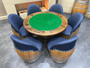 Whiskey & Wine Barrel Lounge Chair — Hidden Storage, Memory Foam, Blue Denim Upholstery (Limited)