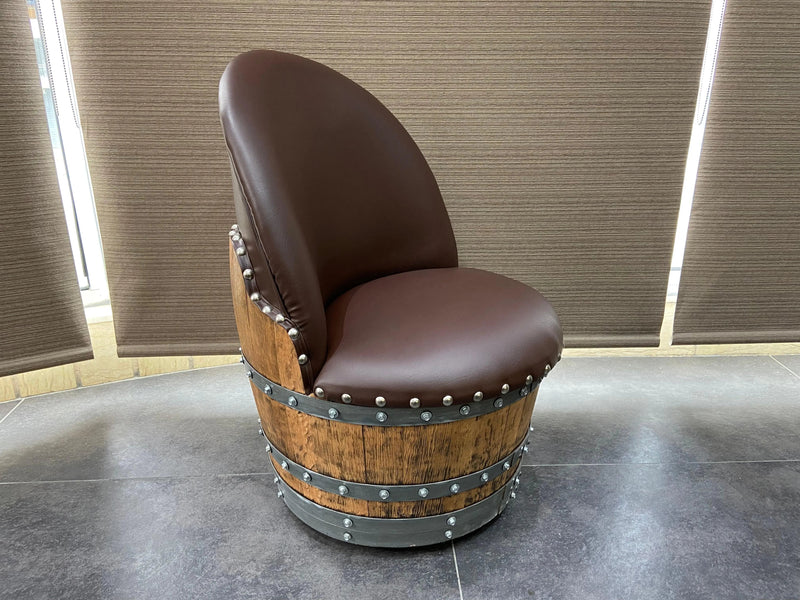 Brown Oak Barrel Chair, Handmade Wine and Whiskey Barrel Chair, Hidden Storage, Memory Foam Upholstery, Movable On Casters