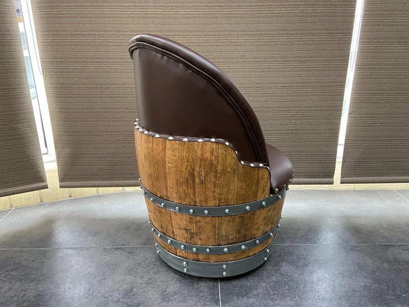 Brown Oak Barrel Chair, Handmade Wine and Whiskey Barrel Chair, Hidden Storage, Memory Foam Upholstery, Movable On Casters