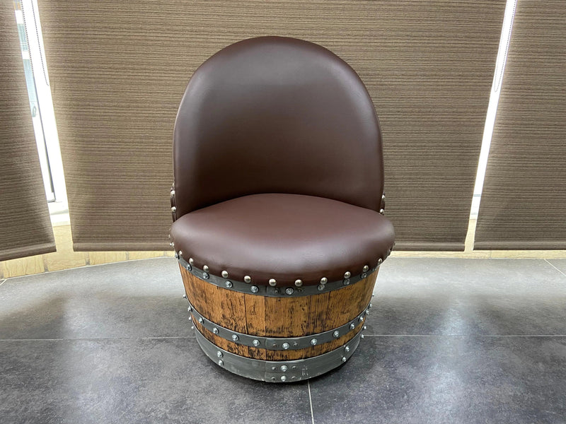 Brown Oak Barrel Chair, Handmade Wine and Whiskey Barrel Chair, Hidden Storage, Memory Foam Upholstery, Movable On Casters