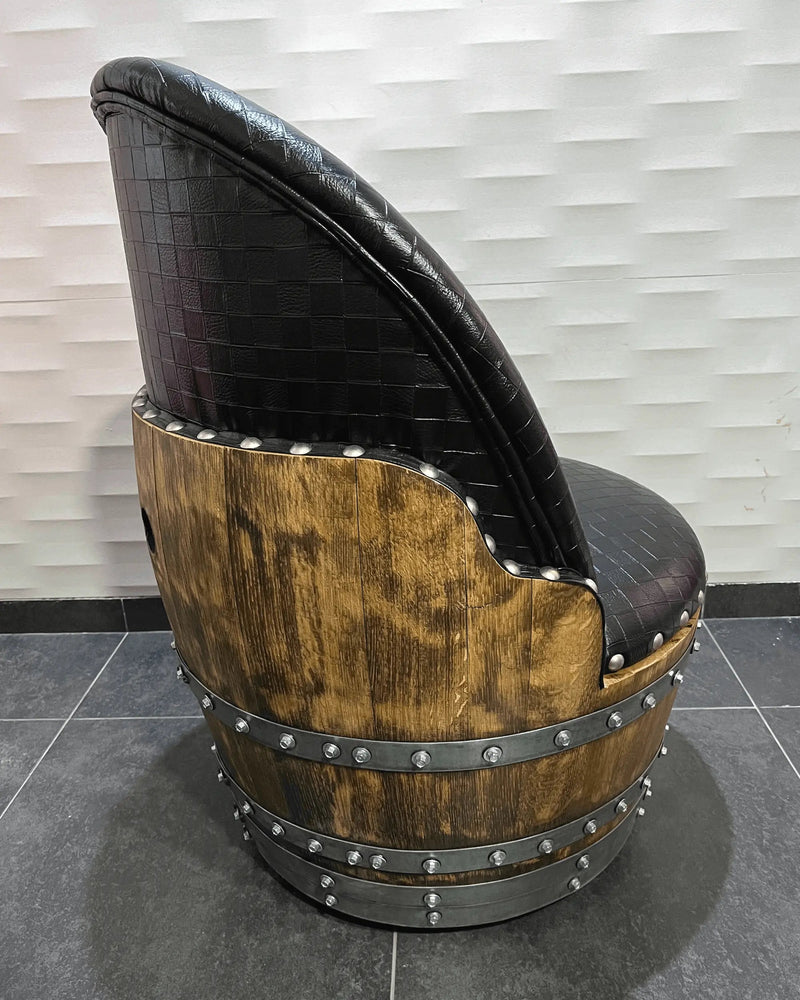 Checkered Black Oak Barrel Chair, Handmade Wine and Whiskey Barrel Chair, Hidden Storage, Memory Foam Upholstery, Movable On Casters