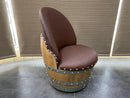 Whiskey & Wine Barrel Lounge Chair — Hidden Storage, Memory Foam, Checkered Brown Upholstery (Limited)
