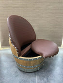 Whiskey & Wine Barrel Lounge Chair — Hidden Storage, Memory Foam, Checkered Brown Upholstery (Limited)