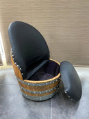 Whiskey & Wine Barrel Lounge Chair — Hidden Storage, Memory Foam, Checkered Gray Upholstery (Limited)