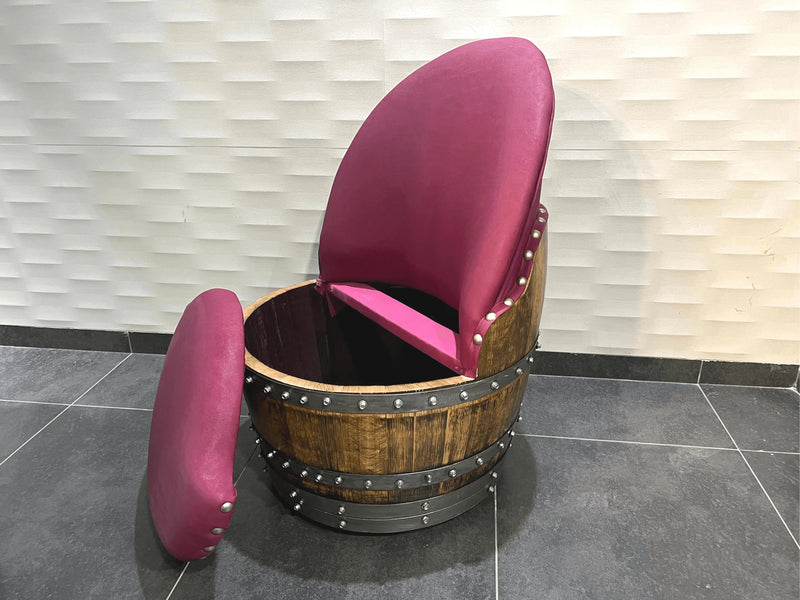 Burgundy Oak Barrel Chair, Handmade Wine and Whiskey Barrel Chair, Hidden Storage, Memory Foam Upholstery, Movable On Casters