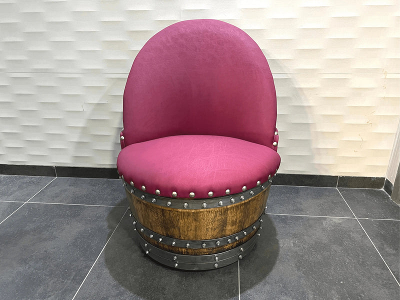 Burgundy Oak Barrel Chair, Handmade Wine and Whiskey Barrel Chair, Hidden Storage, Memory Foam Upholstery, Movable On Casters