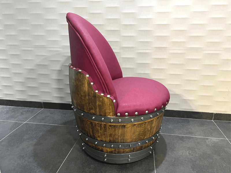 Burgundy Oak Barrel Chair, Handmade Wine and Whiskey Barrel Chair, Hidden Storage, Memory Foam Upholstery, Movable On Casters