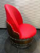 Whiskey & Wine Barrel Lounge Chair — Hidden Storage, Memory Foam, Red Upholstery (Limited)