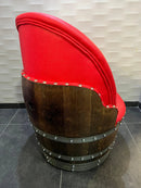 Whiskey & Wine Barrel Lounge Chair — Hidden Storage, Memory Foam, Red Upholstery (Limited)