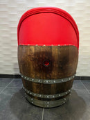 Whiskey & Wine Barrel Lounge Chair — Hidden Storage, Memory Foam, Red Upholstery (Limited)
