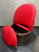 Whiskey & Wine Barrel Lounge Chair — Hidden Storage, Memory Foam, Red Upholstery (Limited)
