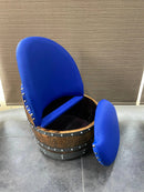 Whiskey & Wine Barrel Lounge Chair — Hidden Storage, Memory Foam, Sea Blue Upholstery (Limited)