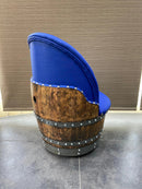 Whiskey & Wine Barrel Lounge Chair — Hidden Storage, Memory Foam, Sea Blue Upholstery (Limited)