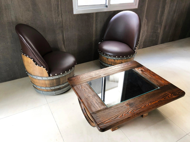 Wine Whiskey Barrel Coffee Table With Removable Glass Top - Wine/Whiskey/Bourbon Barrel Storage Table - Rustic Furniture