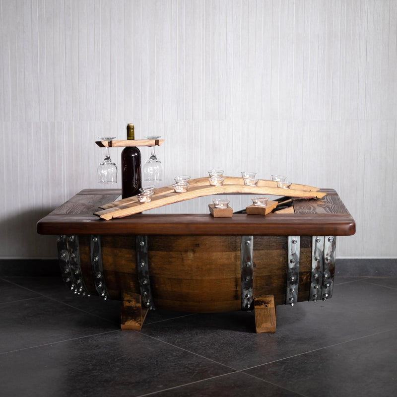 Wine Whiskey Barrel Coffee Table With Removable Glass Top - Wine/Whiskey/Bourbon Barrel Storage Table - Rustic Furniture