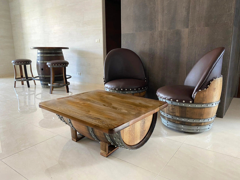 Wine Whiskey Barrel Coffee Table With Removable Glass Top - Wine/Whiskey/Bourbon Barrel Storage Table - Rustic Furniture