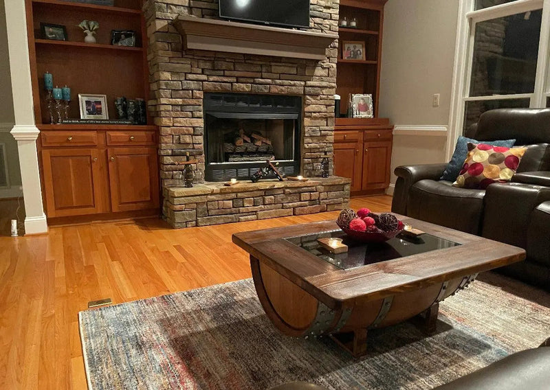 Wine Whiskey Barrel Coffee Table With Removable Glass Top - Wine/Whiskey/Bourbon Barrel Storage Table - Rustic Furniture