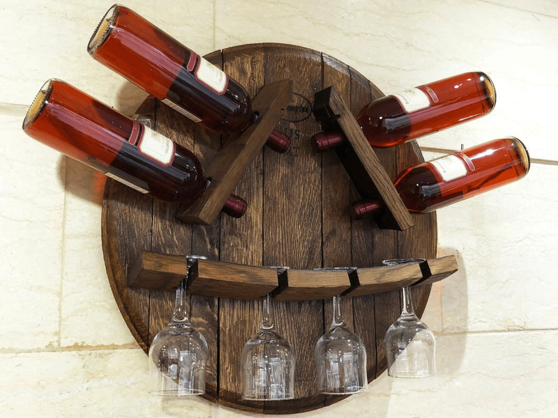 Wine Rack Wall Mount - Wine Barrel Head Bottle-Glass Display - Rustic Wall Wine Rack - Unique Wine Barrel Decor