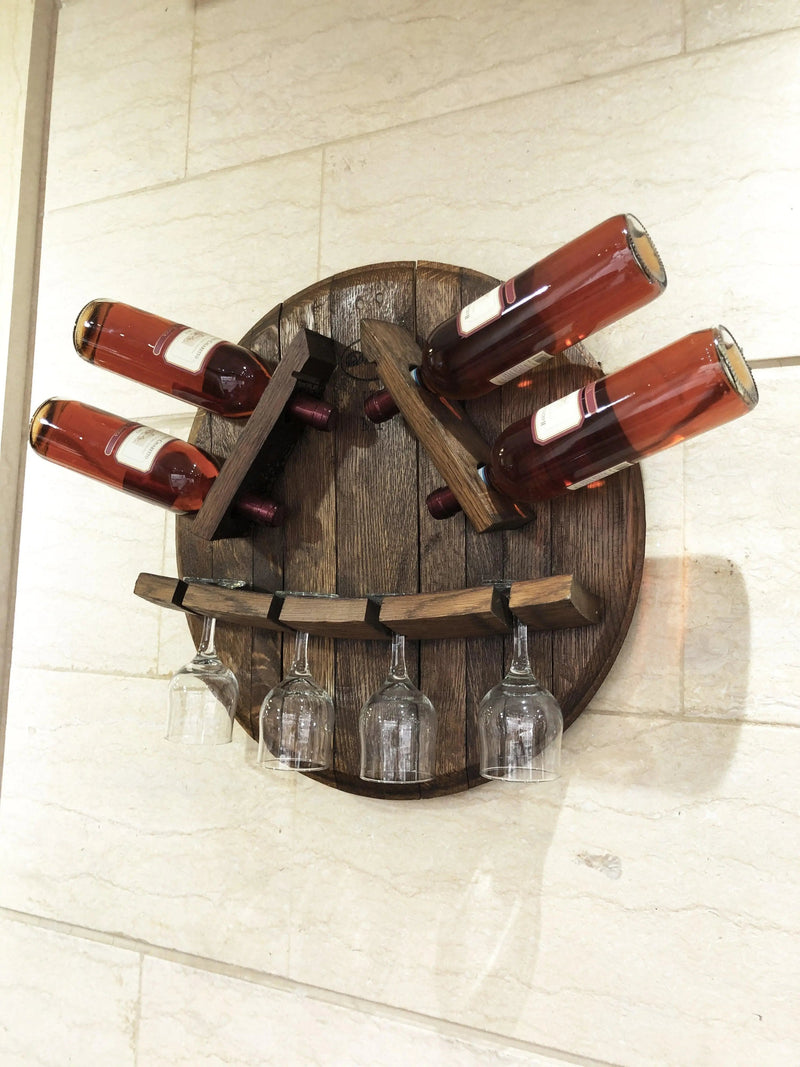 Wine Rack Wall Mount - Wine Barrel Head Bottle-Glass Display - Rustic Wall Wine Rack - Unique Wine Barrel Decor