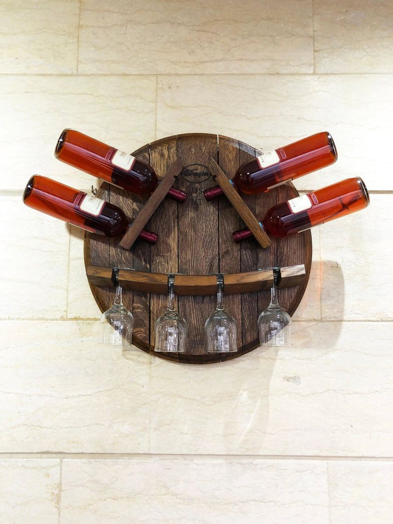 Wine Rack Wall Mount - Wine Barrel Head Bottle-Glass Display - Rustic Wall Wine Rack - Unique Wine Barrel Decor