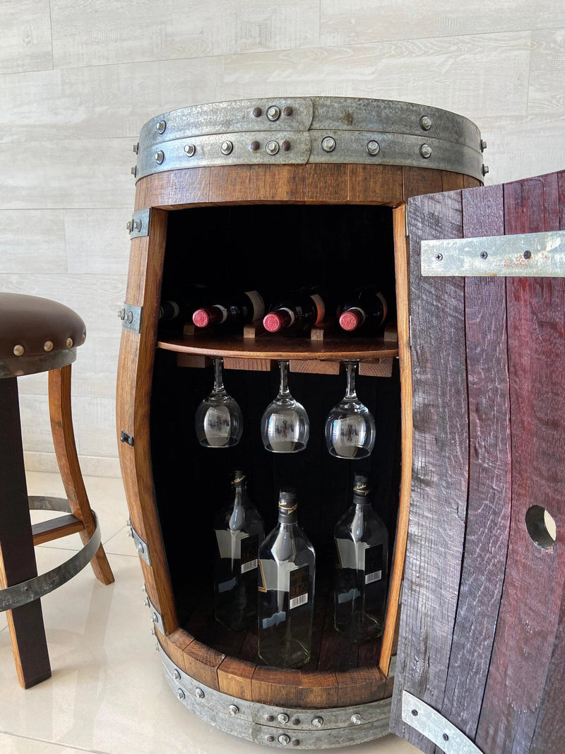 Bourbon Wine Barrel Cabinet, Door Storage with Stemware Shelf, Barrel Cabinet, Barrel Bar, Whiskey Barrel Bar, Liquor, Wine Barrel Cabinet