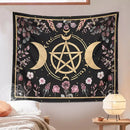 Witchy black and gold botanical floral moon tapestry living room decor by Decorbites