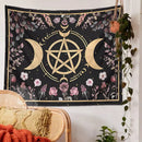 Witchy black and gold botanical floral moon tapestry living room decor by Decorbites