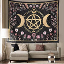 Witchy black and gold botanical floral moon tapestry living room decor by Decorbites