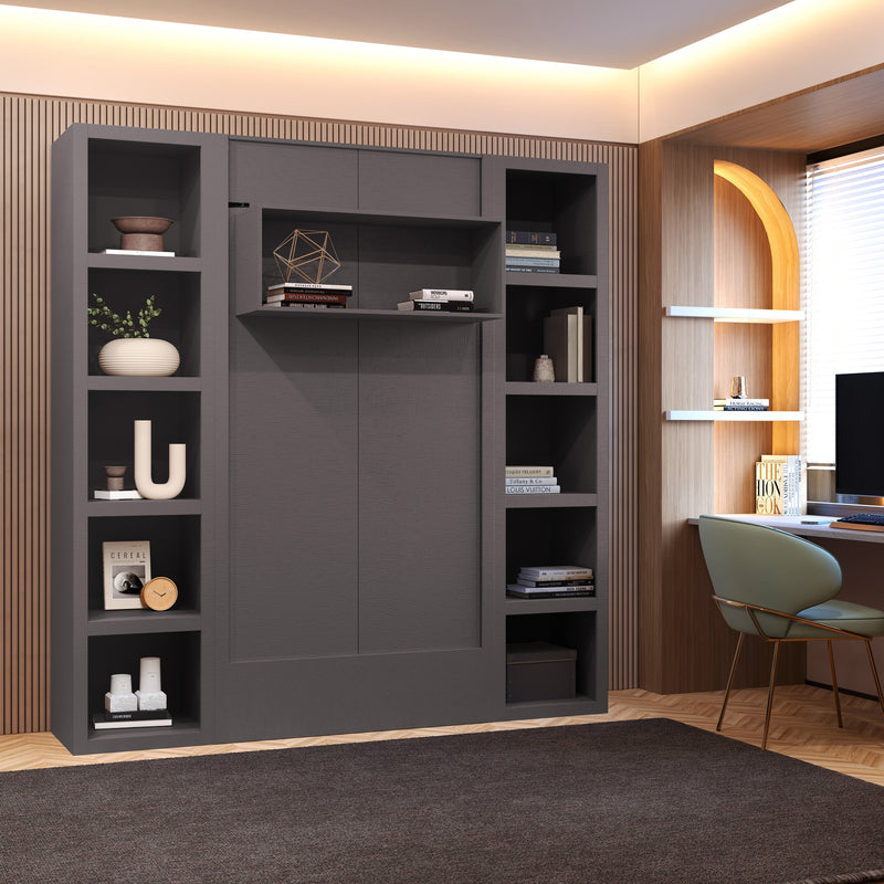 Easy-Lift Twin Murphy Wall Bed in Dark Grey with Two Bookshelves