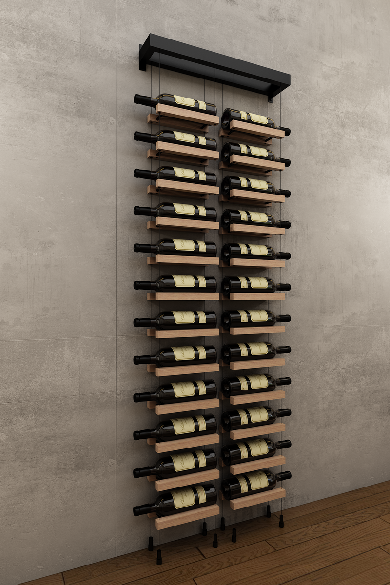 24 bottles double column one bottle deep wall mounted BUOYANT® cable wine rack (matte black hardware)