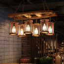 GobekUsa 6-Light Wood Pendant Chandelier - Industrial Factory Cylinder Hanging Island Light with Ladder Deco