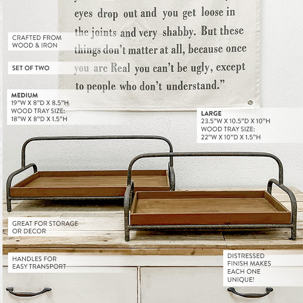 Distressed Iron and Wooden Trays with Handles, Set of 2