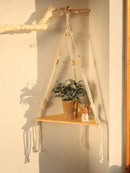 GobekUsa Wooden Corner Shelf with Macrame - Boho Wall Decor