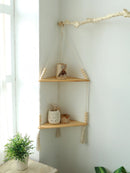 GobekUsa Wooden Corner Shelf with Macrame - Boho Wall Decor