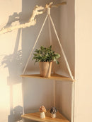GobekUsa Wooden Corner Shelf with Macrame - Boho Wall Decor