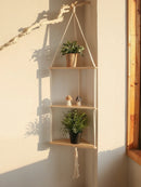 GobekUsa Wooden Corner Shelf with Macrame - Boho Wall Decor