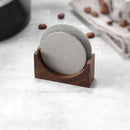 Wooden espresso filter screen holder with gray coasters kitchen stand by Decorbites