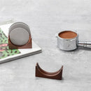 Wooden espresso filter screen holder with gray coasters kitchen stand by Decorbites