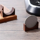 Wooden espresso filter screen holder with gray coasters kitchen stand by Decorbites