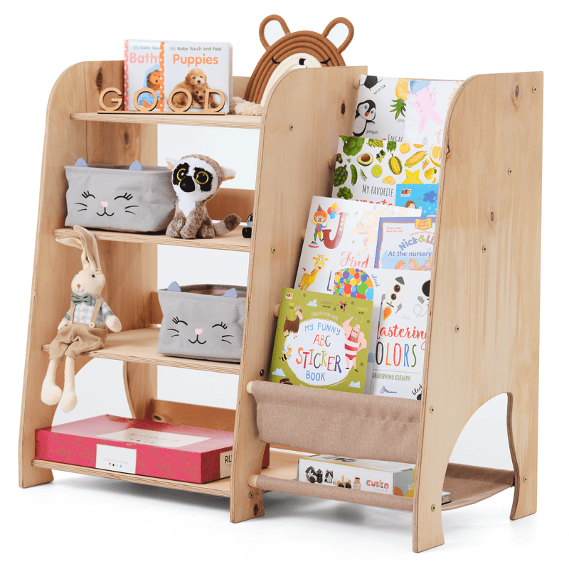 Wooden Montessori Shelves for Toddler 2in1: Bookshelf & Toy Shelving