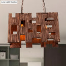 GobekUsa Wooden Rectangle Restaurant Island Chandelier Pendant with Hollow Out Design - Brown, 2/3 Bulbs, Countryside Style